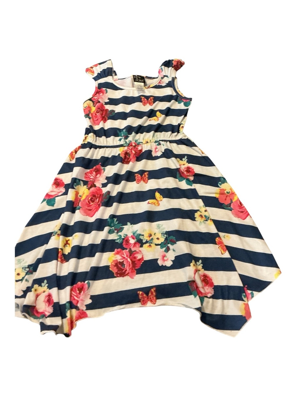 Navy & White Striped Floral Girls Dress